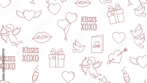 Seamless pattern of Valentine's Day symbols including cupid, hearts, lips, and gifts, perfect for romantic designs