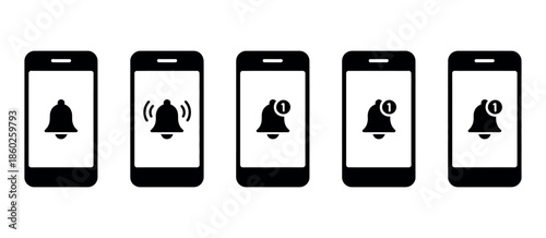 Notification Bell on Mobile Phone Icon Set. Smartphone Alarm Sign and Symbol Collection for Digital Alerts and Interface Design