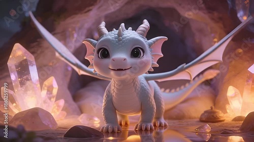 Adorable Baby Dragon in a Magical Crystal Cave with Glowing Light.