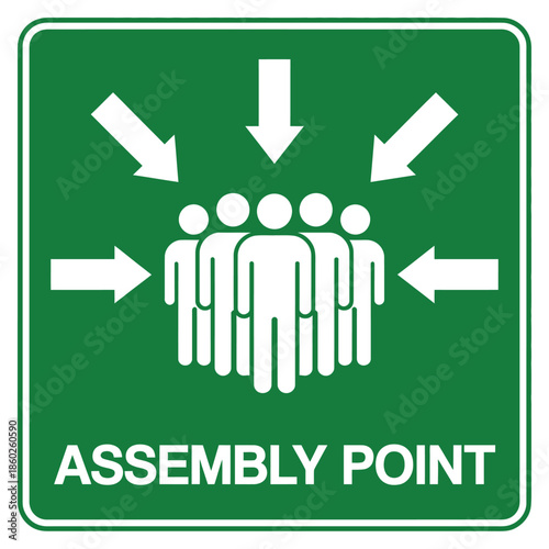Foto Assembly point sign with white arrows and human figures, safety vector