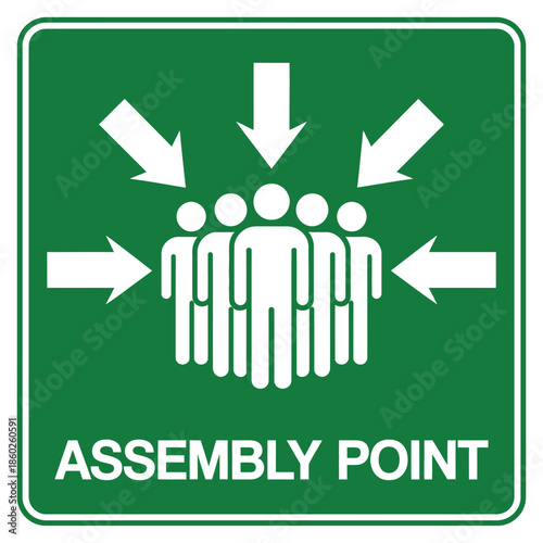 Quadro su tela Assembly point sign with white arrows and figures, emergency gathering location