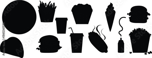 fast food dishes with drink and dessert icon set
