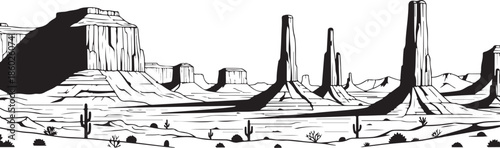 Monument Valley Desert Landscape with Buttes and Cacti, Black and White Illustration Transparent Background