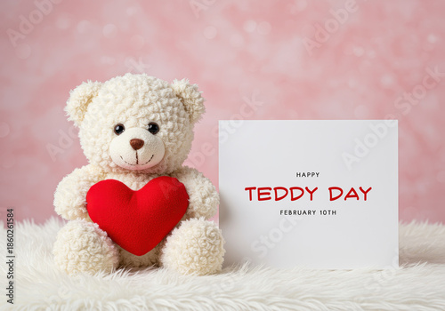 Fluffy white teddy bear holding red heart on pink textured background plush toy stuffed animal