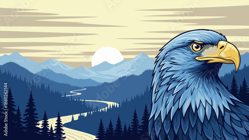 Majestic blue eagle in a stunning vector illustration, overlooking a serene mountain landscape with a winding river and a beautiful sunrise scene