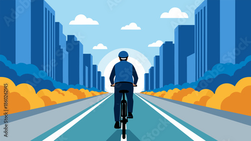 A lone cyclist embarks on an invigorating urban journey, promoting health and sustainable transport amidst a vibrant cityscape and clear skies