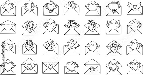 Black and white line art of various envelopes containing hearts and anatomical hearts, perfect for love and medical themes