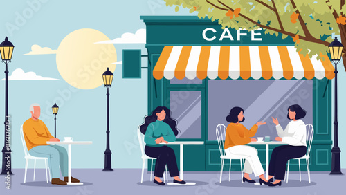Outdoor cafe illustration showing people drinking coffee and conversing. A relaxed urban scene capturing social interaction and daily life on a sunny street, depicting leisure