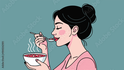 Charming vector illustration depicting a woman's blissful enjoyment of a warm, wholesome meal, highlighting the simple pleasures of healthy food and self-care moments