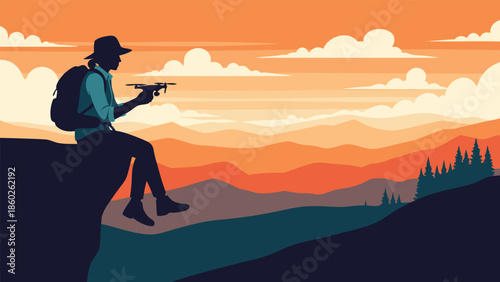 Vector illustration of a hiker flying a drone from a cliff at sunset, capturing mountain views. Adventure and modern technology in nature