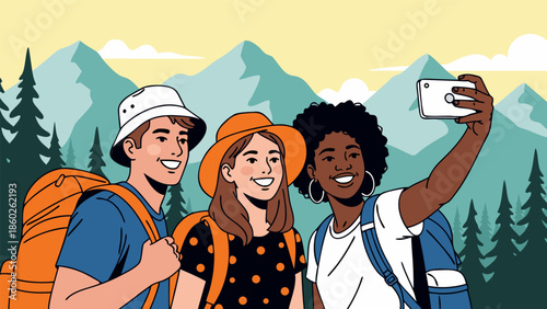 Vibrant flat illustration of diverse friends on a hiking trip, capturing a joyful selfie amidst mountains and forests, celebrating outdoor adventure and friendship