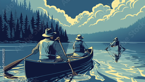 Serene wilderness journey by canoe, navigating tranquil waters amidst towering pine forests under a dramatic cloudy sky; a nostalgic illustration of outdoor adventure