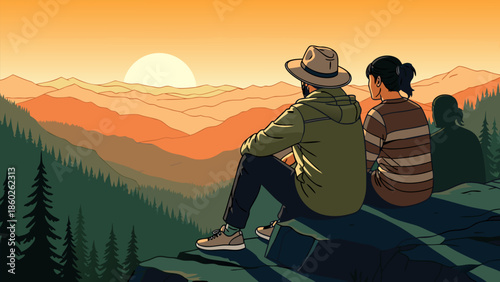 Adventurous couple on a mountaintop, immersed in a vibrant sunset over layered peaks and forests, celebrating the beauty of nature and shared journey in a stunning illustrative landscape