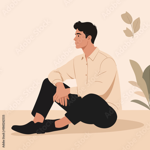 A man sitting on the floor with a contemplative expression surrounded by minimalist decor and subtle foliage