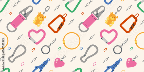 Seamless pattern with trendy accessories including carabiners, keychains and decorative charms. Fashion accessory concept. Trendy vector illustration on light background, hand drawn, flat design