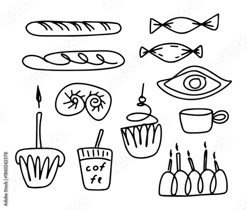 A set of hand-drawn line art doodles on a bakery theme with pastries and takeaway coffee.