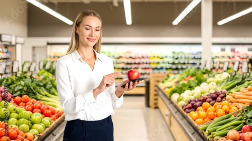 A woman in a supermarket holds an apple, contrasted with a farmer and a field