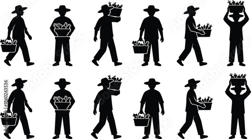 Farmer silhouette vector illustration, person carrying basket of vegetables, agricultural worker icon, gardening design, harvest produce art, rural lifestyle graphics, food market symbol