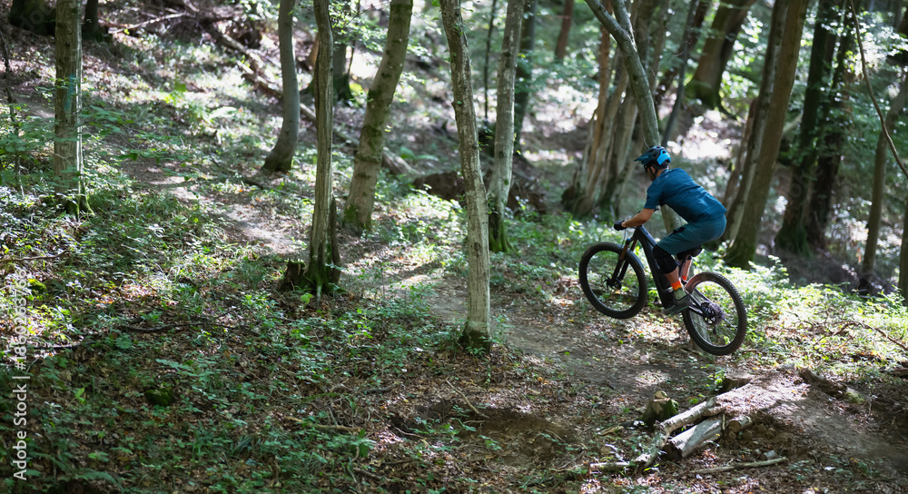 Fototapeta premium Electric mountain bike rider navigating a forest trail with sunlight and trees