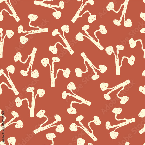 Amanita red mushroom seamless pattern.Vector illustration with hand drawn abstract mushrooms on red background.