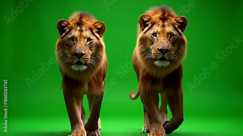 lion and lioness walking forward on green screen background, animals and wildlife of predators