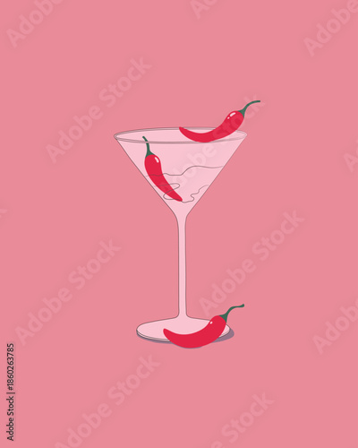 Hand drawn line cocktail with chili pepper on pink background. Vector illustration.