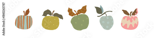 Hand drawn five cartoon abstract apple on white background. Vetor illustration