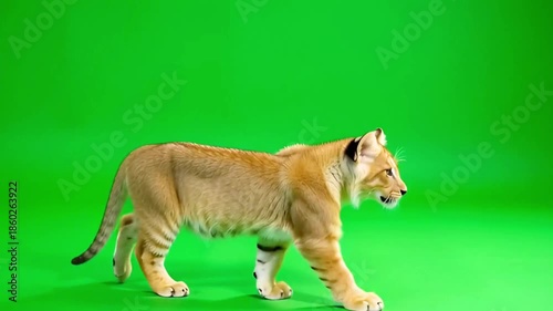lion cub walking on green background side angle view on young lion, cute animals