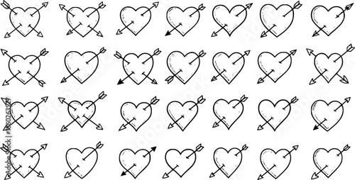 Black and White Line Art Hearts with Arrows, Valentine's Day Symbols, Romantic Clipart, Love Icons