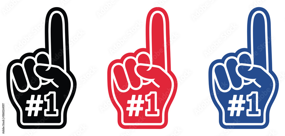 Fototapeta premium Bold foam finger hand sign showing the number one gesture, clean outline vector illustration for sports fans, team support, cheering crowds, competition events