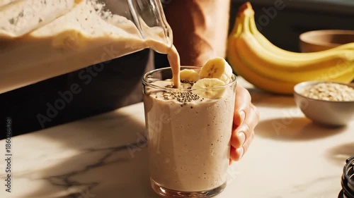 Smoothie pouring into glass with bananas and ingredients in the background