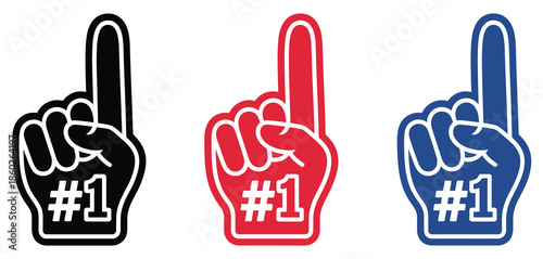 Bold foam finger hand sign showing the number one gesture, clean outline vector illustration for sports fans, team support, cheering crowds, competition events