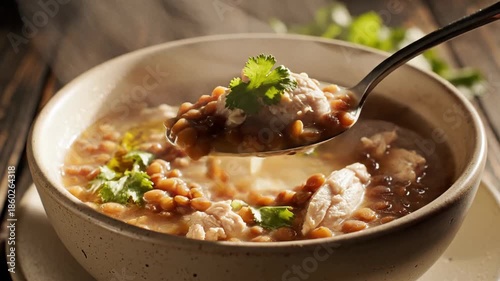 Steaming bowl of savory soup with fresh herbs and olive oil close up
