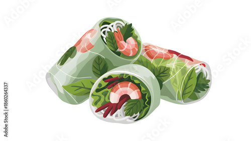 Fresh vibrant illustration of three delicious Vietnamese shrimp summer rolls stacked together on transparent background