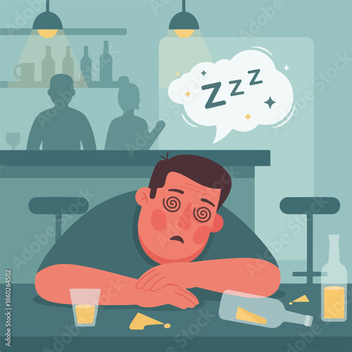 Drunk Man Sleeping on Bar Counter with Empty Bottles. Tired Guy Feeling Dizzy and Dreaming After New Year Party. Alcohol Overconsumption and Hangover Concept Illustration.