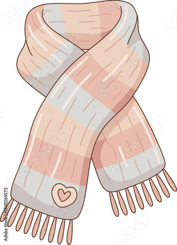 Hand Drawn Cozy Striped Scarf with Heart Icon Illustration for Valentine's Day and Winter Fashion