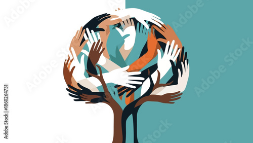 Diverse community coming together around a symbolic tree illustration