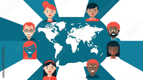 Diverse people surrounding a global map illustration symbolizing unity and global connection