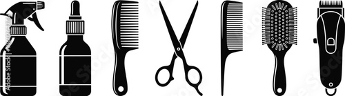 Hairdressing tools, barber equipment, salon accessories, grooming essentials, vector silhouette, haircut supplies, combs, scissors, brushes, clippers, spray bottles, cad drawing, 