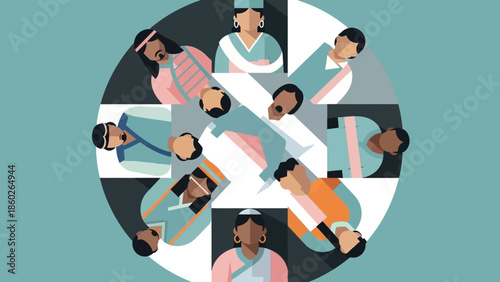 Diverse group of people collaborating in a circular arrangement around a central table from a top-down viewpoint