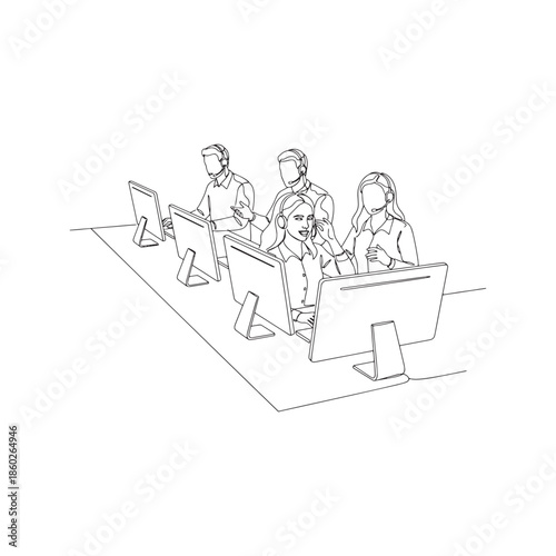 Continuous line drawing of call center agents working at computers, vector illustration of customer support team wearing headsets in minimalist style
