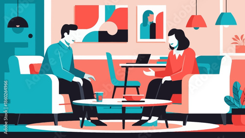 Two professionals engaged in a discussion while seated in modern living room with laptop and coffee