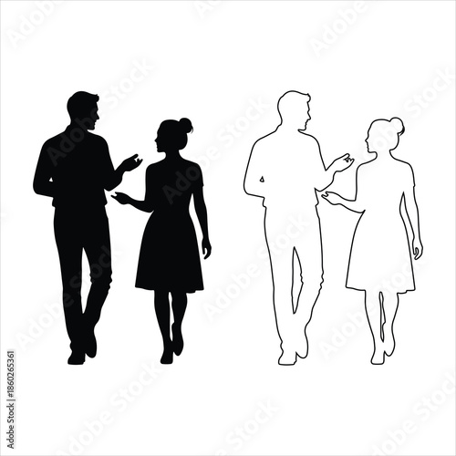 Silhouette people standing, walking, waving, talking, vector illustration of men and women poses, isolated on white background, communication, human figures