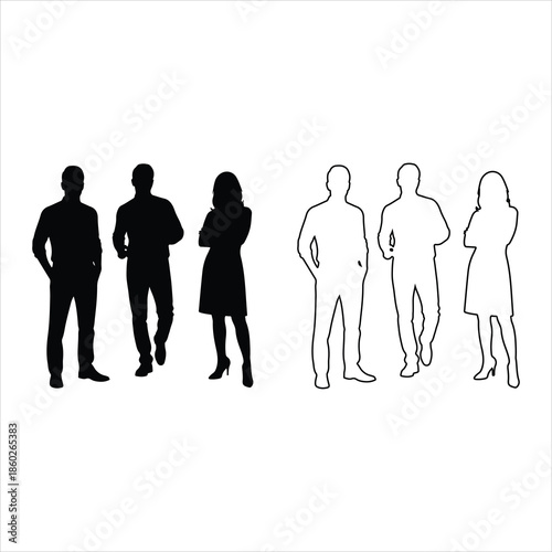 Silhouette people standing, walking, waving, talking, vector illustration of men and women poses, isolated on white background, communication, human figures