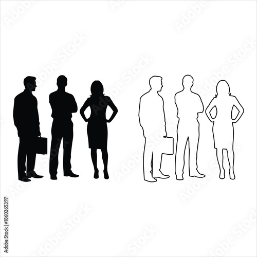 Silhouette people standing, walking, waving, talking, vector illustration of men and women poses, isolated on white background, communication, human figures