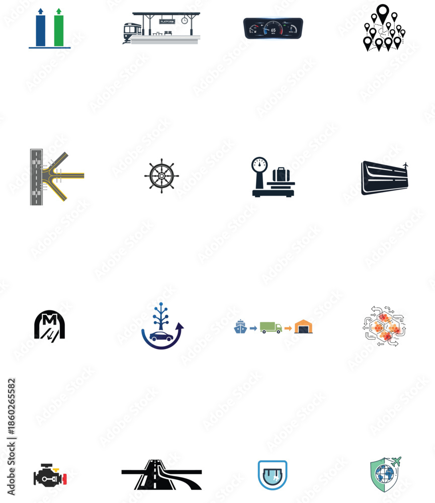 Fototapeta premium Illustration of set of 16 transportation and logistics icons in flat style