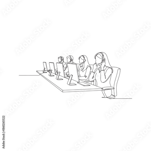 Continuous line drawing of call center agents working at computers, vector illustration of customer support team wearing headsets in minimalist style
