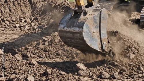 Wallpaper Mural Excavator bucket digging into a pile of dirt on a construction site Torontodigital.ca