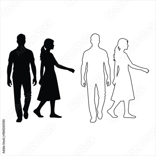 Silhouette people standing, walking, waving, talking, vector illustration of men and women poses, isolated on white background, communication, human figures