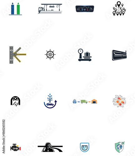 Illustration of set of 16 transportation and logistics icons in flat style